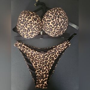 38D/L VS Archives Swim Banded PushUp Bikini Top Brazilian Bikini Set Leopard